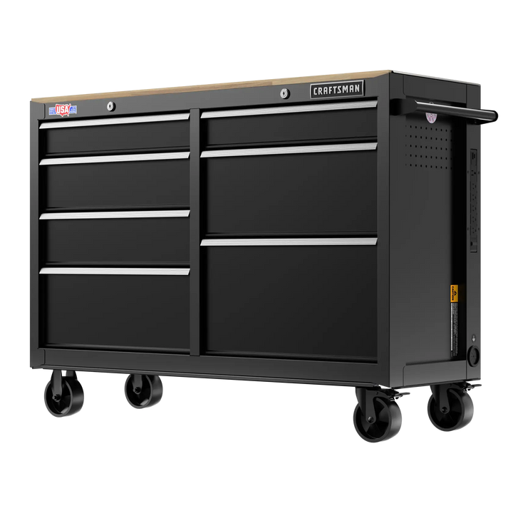 Craftsman black rolling tool chest with wood top and seven drawers, front angle, CMST98530BK.