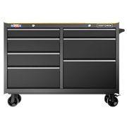 Front angle photo of CRAFTSMAN rolling tool chest CMST98530BK, black finish, wood top, seven drawers, caster wheels.
