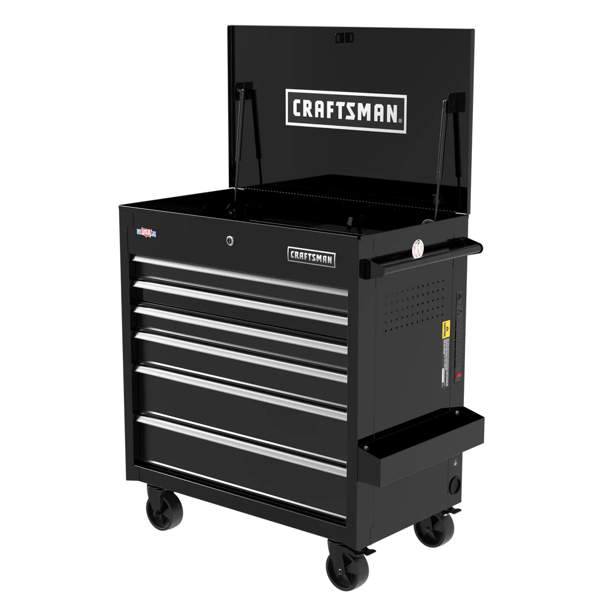 A black rolling tool chest with six drawers and an open top compartment. The chest is on four caster wheels for mobility, has a handle on the side, and displays the CRAFTSMAN logo on the top lid and front drawer.