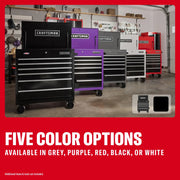 CRAFTSMAN CMSTUC06BK rolling tool chest in five colors: black, purple, gray, white, and red, shown in a garage setting.