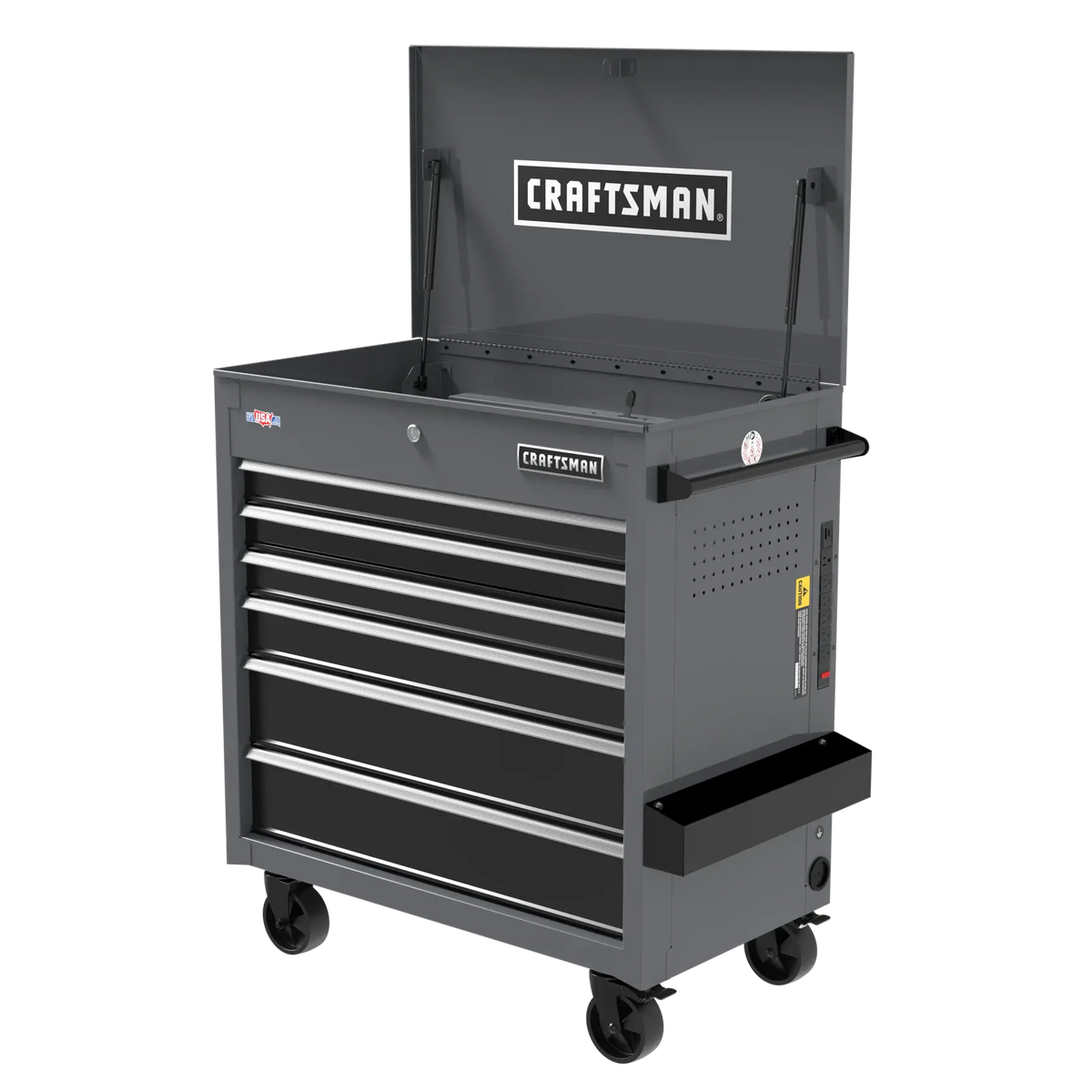 A gray Craftsman rolling tool chest with an open top compartment, six drawers, and four caster wheels for mobility. The tool chest has handles on the sides and a Craftsman logo on both the inside lid and front. There is also a side accessory tray attached.
