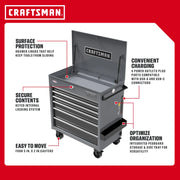 Photo of Craftsman CMSTUC06GB graphics tool chest, black drawers, pegboard, side tray, caster wheels, lid open.