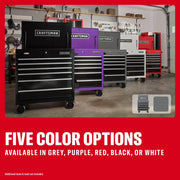 Craftsman CMSTUC06GB tool cabinets in black, purple, grey, white, red colors in workshop setting.