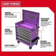 Craftsman CMSTUC06PB purple rolling tool chest with drawers, outlets, pegboard, side tray, and casters, front angle.