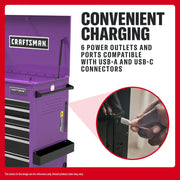 Craftsman purple tool chest CMSTUC06PB with 6 power outlets, USB-A, USB-C ports, side angle photo.