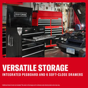 CRAFTSMAN CMSTUC06RB black tool chest with integrated pegboard and 6 soft-close drawers, shown open in a garage.