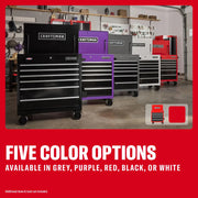 Craftsman tool chest CMSTUC06RB in five colors, black, purple, grey, white, and red, front angle view.