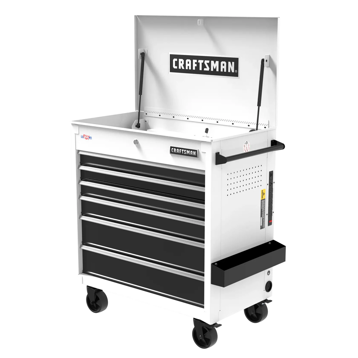 A white and black rolling tool chest with six drawers and a hinged top compartment, branded with 'CRAFTSMAN' on the front and inside the lid. The tool chest has wheels for mobility, a side handle, and side tray for extra storage.