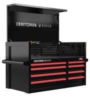 A black Craftsman V Series tool chest with an open top compartment, multiple red-handled drawers, and a pegboard back panel for organizing tools.