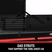 Craftsman tool chest CMSTVS4108BK, close-up side view, showing gas struts supporting the open lid, black finish.