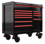 Black rolling tool chest with multiple red-handled drawers, made by Craftsman. The chest has four wheels for mobility and is labeled as part of the V Series.