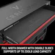 Photo of CRAFTSMAN tool chest CMSTVS4111BK, close-up showing full-width drawer with double slides, black and red design.