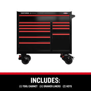 Front angle photo of Craftsman tool cabinet CMSTVS4111BK with multiple black drawers, red trim, and wheels on white background.