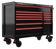 A large black metal tool chest with multiple red-handled drawers and four wheels, designed for organizing and storing tools, shown from an angled side view.
