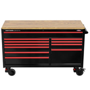 A large black rolling tool chest with red trim and multiple drawers. The chest has a wooden top and caster wheels for mobility. Branding on the chest reads 'CRAFTSMAN SERIES'.
