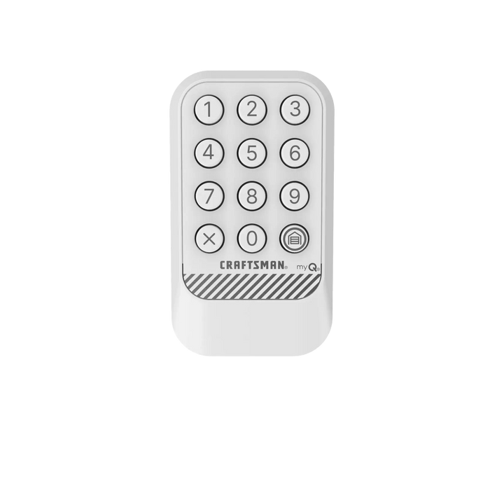 Craftsman CMX348 wireless keypad for garage door, white, front angle, photo on white background.