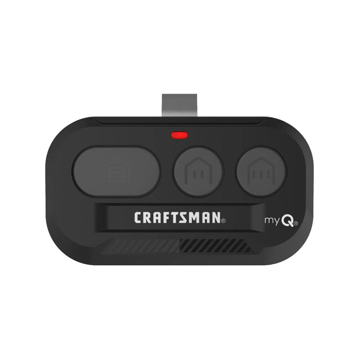 Photo of Craftsman CMX363 black three-button garage door remote with myQ logo, top angle on white background.