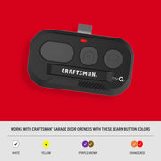 Photo of Craftsman garage door remote CMX363, black with three buttons, myQ logo, viewed from top on red background.