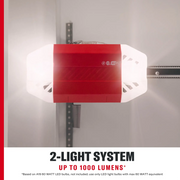 Photo of Craftsman red garage door opener with dual LED lights, SKU CMXB4230, installed on ceiling, front view.