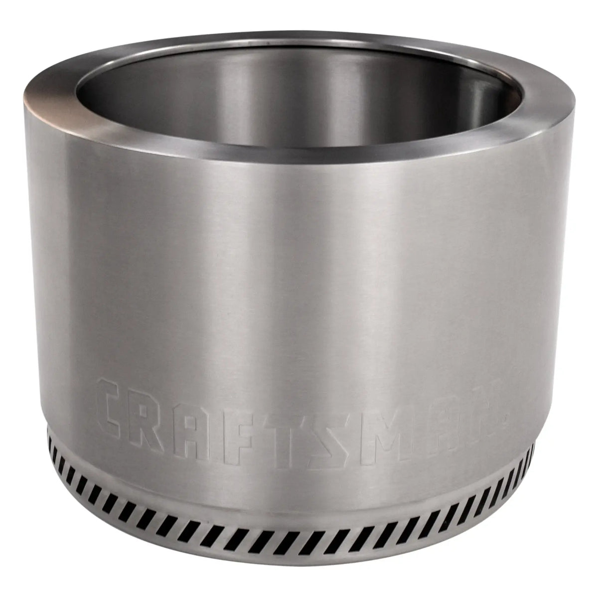 A stainless steel cylindrical fire pit with the brand name 'CRAFTSMAN' engraved on the side near the bottom. The fire pit has a wide open top and ventilation holes around its base.