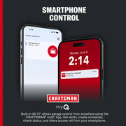 CRAFTSMAN CMXC1220 graphics showing smartphone control features for garage doors via myQ app.