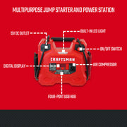 Photo of Craftsman multipurpose jump starter and power station CMXCESM256 with labeled features on red background.