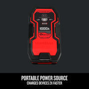 Photo of Craftsman 12V jump starter, model CMXCESM263, black and red portable power source front view.