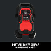 Front view of Craftsman portable power source jump starter CMXCESM264, black and red design, 1500A 12V.