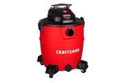 A red and black Craftsman wet/dry shop vacuum with wheels, labeled with the brand name. The vacuum features a handle on top and a hose inlet on the front.
