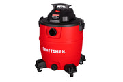 A red Craftsman wet/dry vacuum cleaner with a black top, wheels for mobility, and a prominent Craftsman logo on the front.