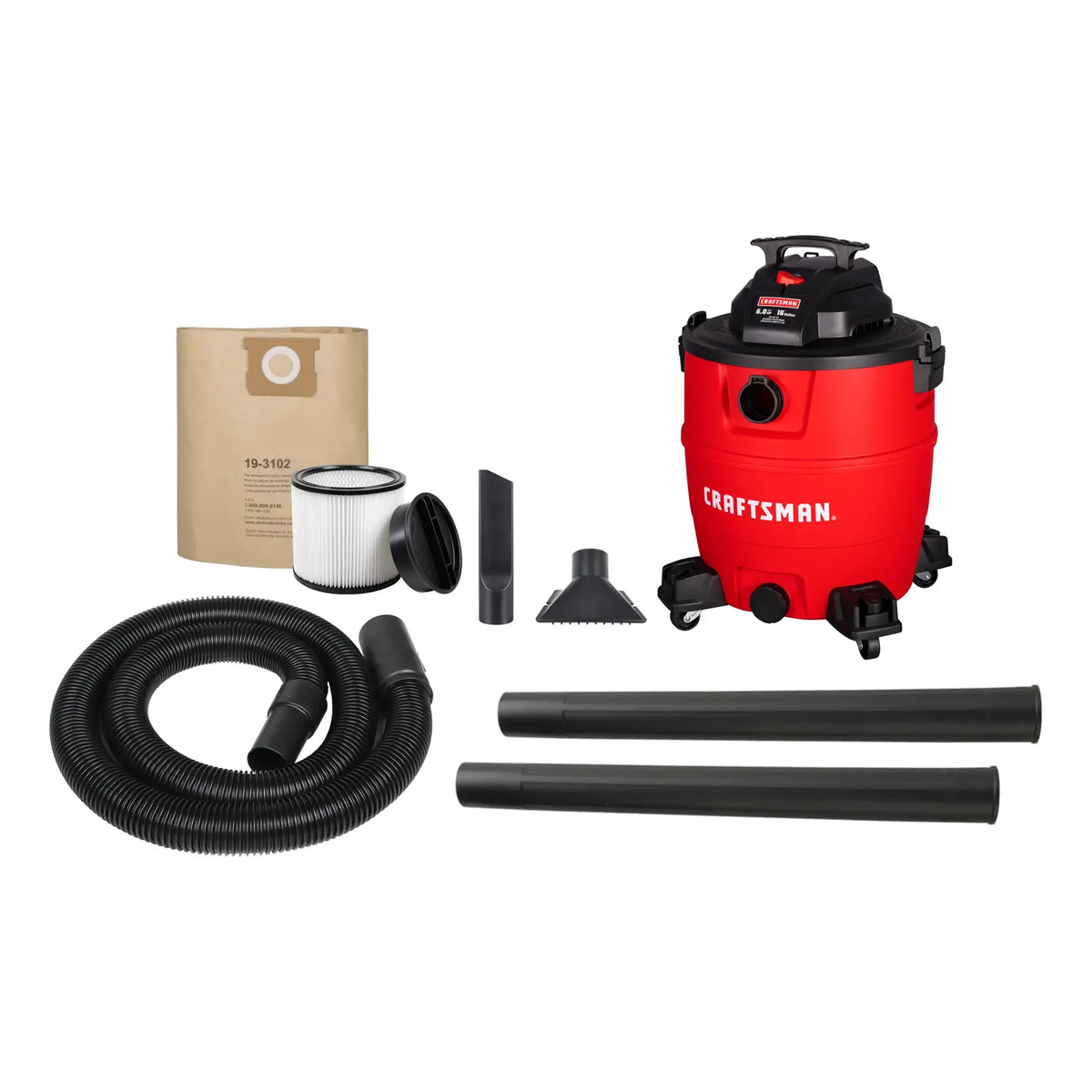 A CRAFTSMAN wet/dry shop vacuum with red and black body, accessories include a flexible hose, two extension wands, a filter, a dust bag, and two nozzle attachments, all shown on a white background.