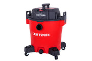 A red and black CRAFTSMAN wet/dry shop vacuum cleaner with wheels, shown against a white background.