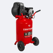 Photo of Craftsman CMXECXM301 red 30-gallon air compressor on wheels, front angle view, black and red handle.