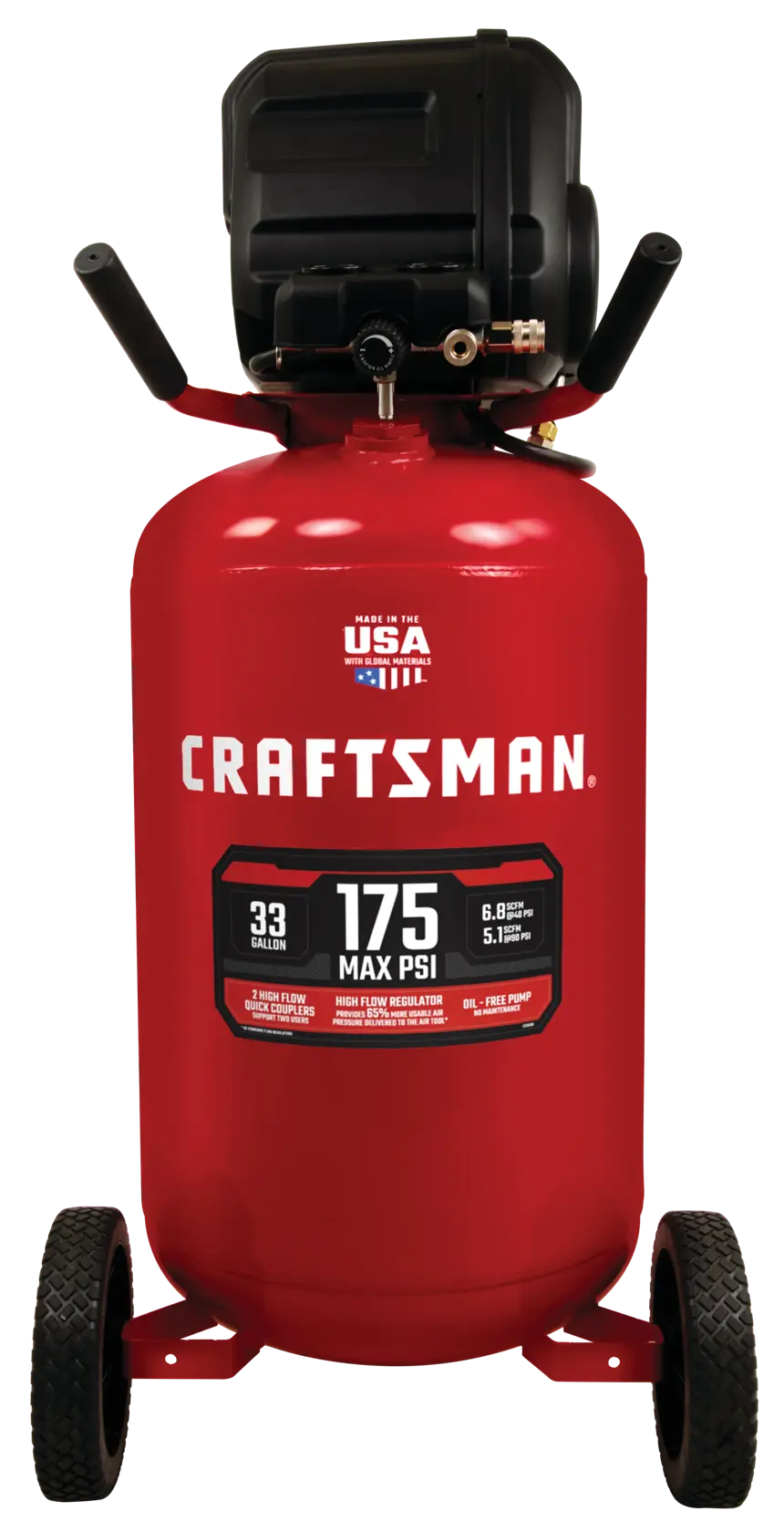 Front view photo of CRAFTSMAN CMXECXM331 red vertical air compressor with wheels, 33 gallon, 175 max PSI.
