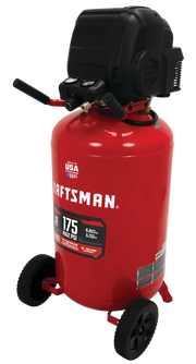 Photo of Craftsman CMXECXM331 red vertical air compressor with wheels, black motor, front angle.