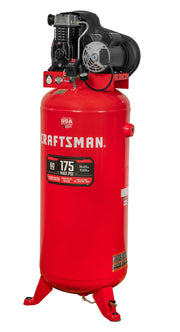 A red Craftsman vertical air compressor featuring a cylindrical tank, mounted motor and gauges, with a label indicating a 60-gallon capacity and 175 max PSI.