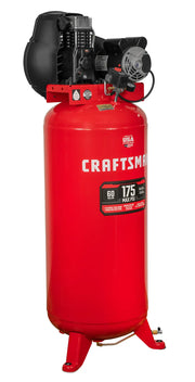 A red upright Craftsman air compressor with a black motor and control unit on top, featuring a label indicating 60 gallon capacity and 175 max PSI.