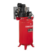 Front angle photo of Craftsman red vertical air compressor, model CMXECXM803, with black motor and fan.