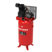 Front angle photo of Craftsman red vertical air compressor, CMXECXM803, with pressure gauge and motor.