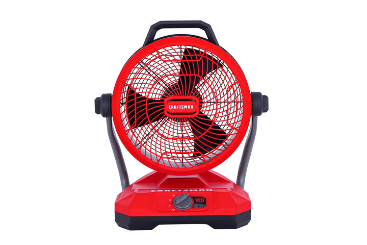 Front angle photo of Craftsman V20 red portable fan with black blades, SKU CMXEFXA511214.