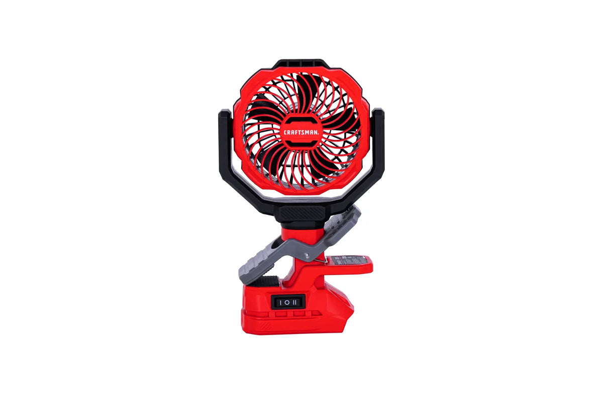 Craftsman red and black portable fan, model CMXEFXA520402, front angle on white background.