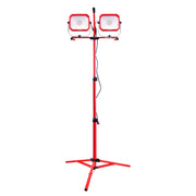 Photo of Craftsman dual-head red LED work light on tripod stand, SKU CMXELAYMPL1029, front angle, white background.