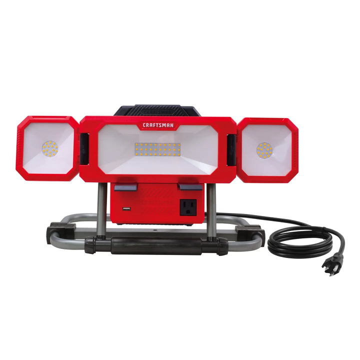 Front view photo of Craftsman LED work light with three adjustable panels, power outlet, and cord, CMXELAYMPL1033.