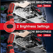 Photo of Craftsman CMXELAYMPL1070 LED work light with two brightness settings, shown lighting a car engine.