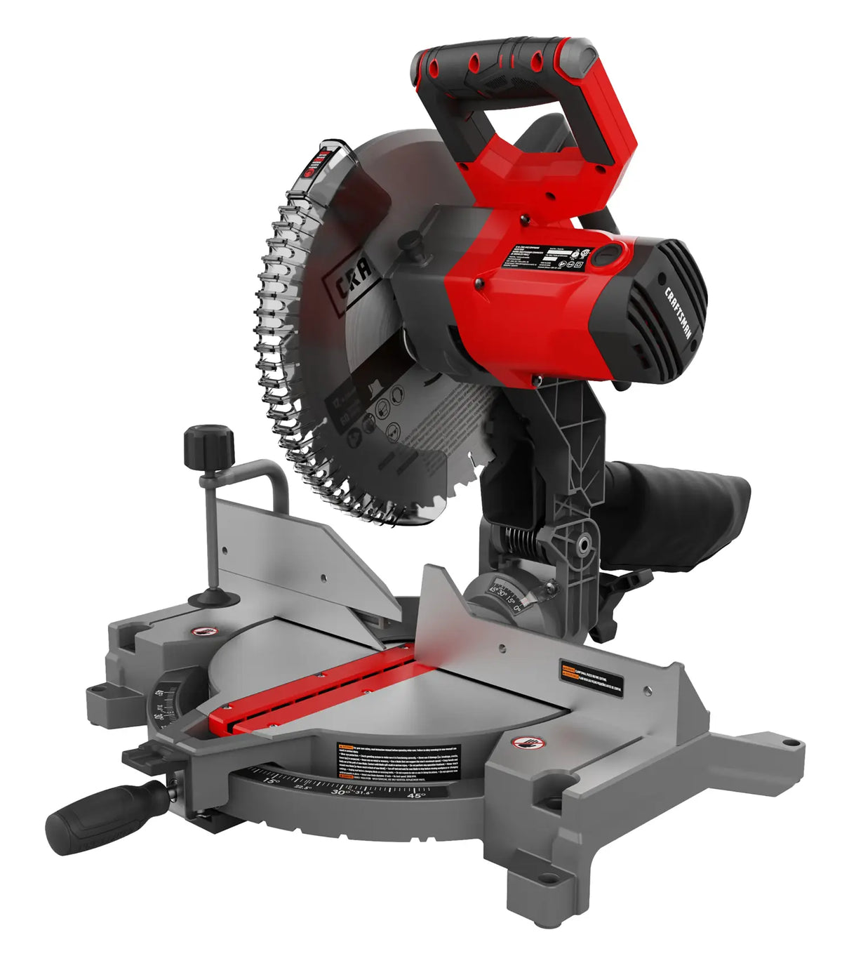 Craftsman miter saw CMXEMAX69434503 in red and black, side angle, with metal base and blade guard.