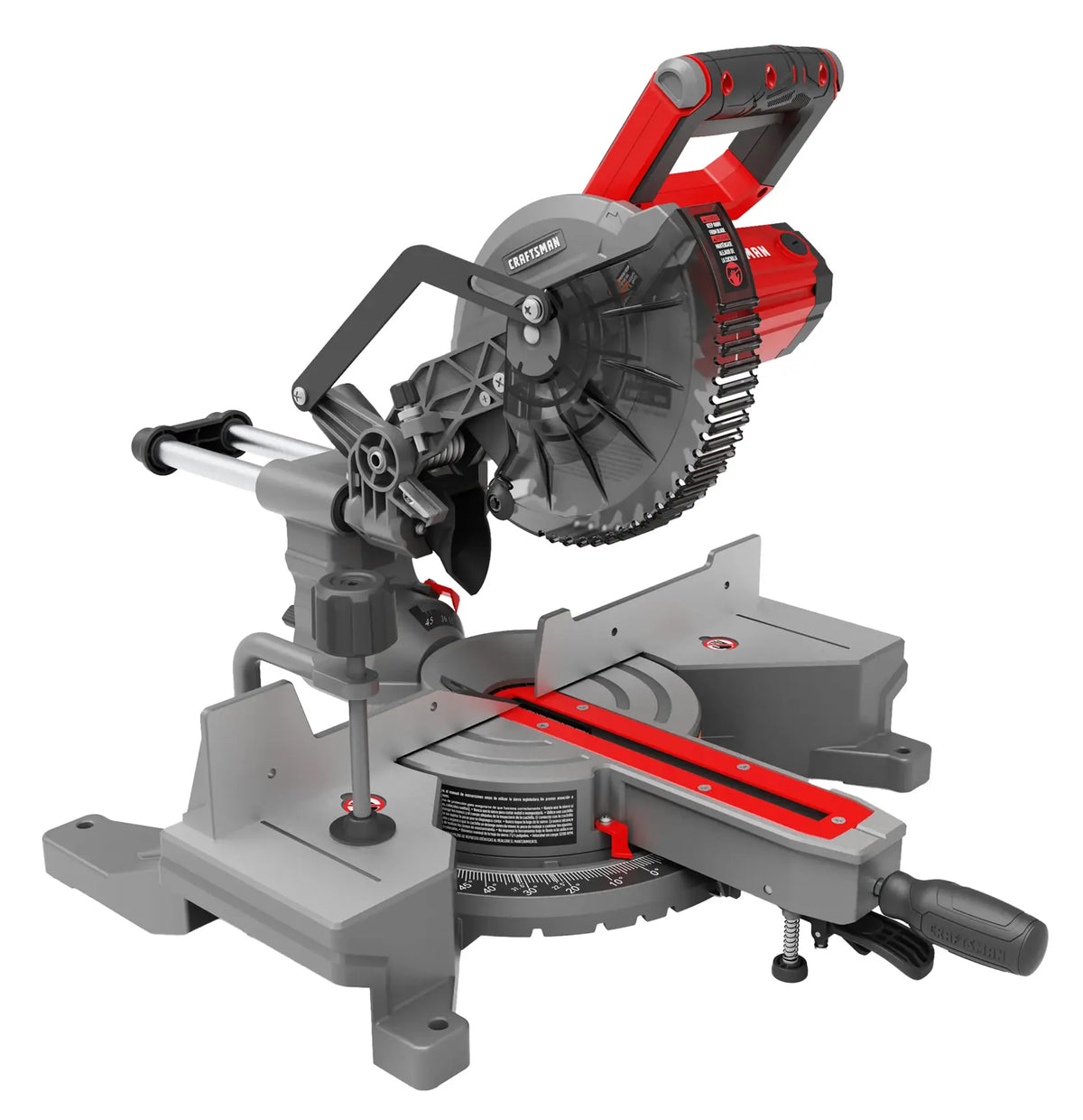Photo of CRAFTSMAN miter saw CMXEMAX69434504 with red and gray accents, angled on white background.