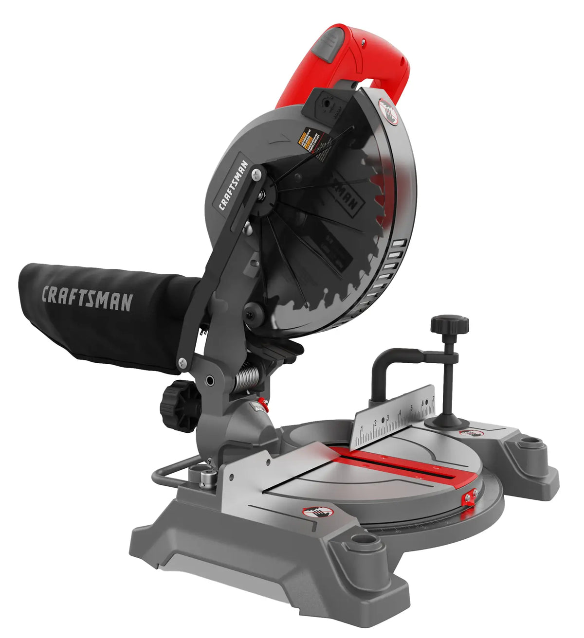Craftsman miter saw CMXEMAX69434509, gray and red, side angle on white background.