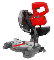 Craftsman CMXEMAX69434509 miter saw with red handle and dust bag, side angle on white background.