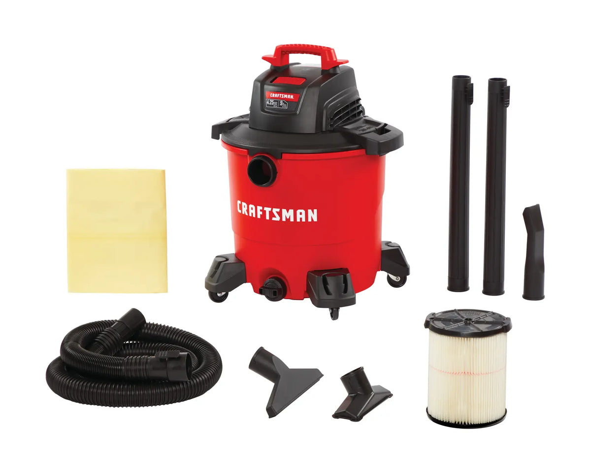 Photo of Craftsman wet/dry vacuum CMXEVBE17590 with red canister, hose, filter, dust bag, attachments, and extension wands.