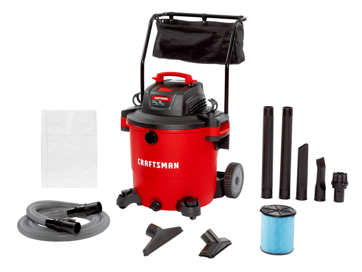 Photo of Craftsman wet/dry vacuum CMXEVBE17656 with accessories and bag, front angle, red and black body.